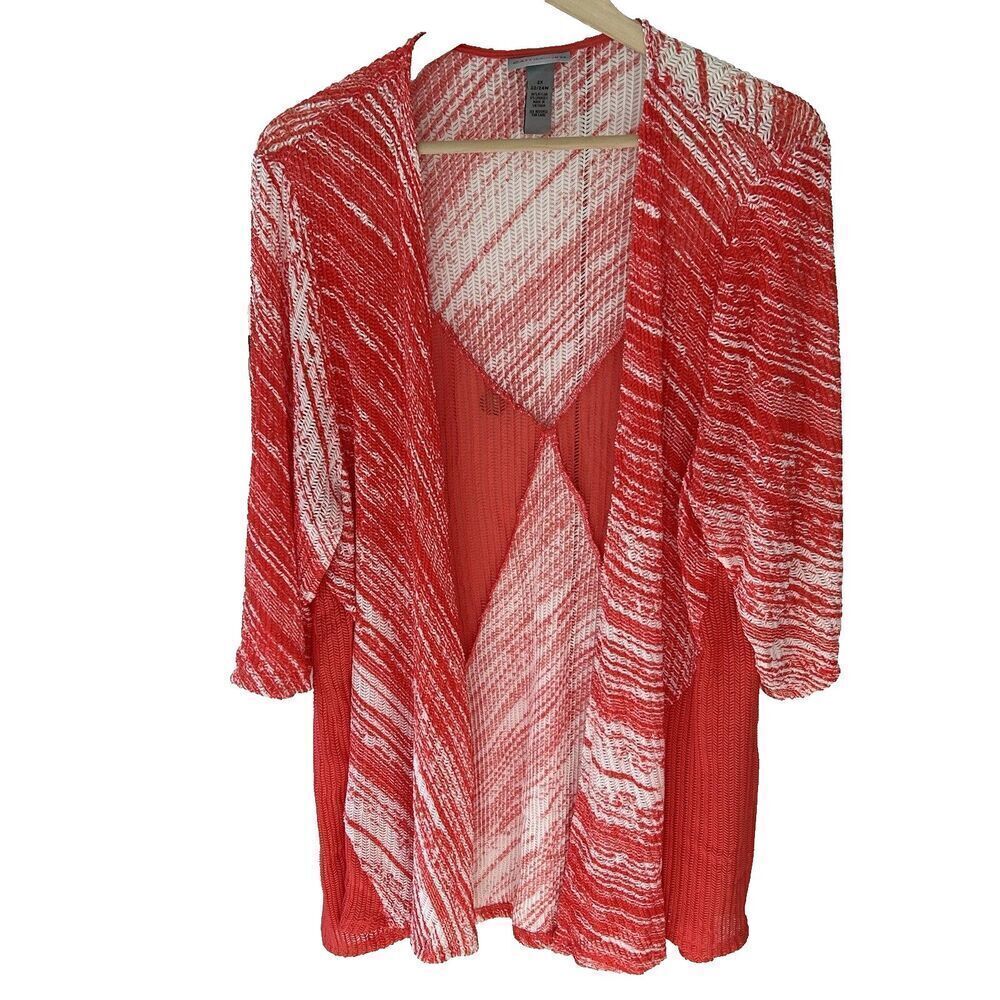 Catherines Topper Cardigan Size 2x Open Front Knit Coral White 22 24W Kimono